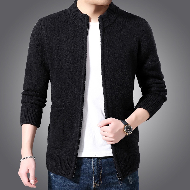 boy Boy Boy Boy Autumn Winter Middle-aged Men's Wool Zipper Cardigan Alpaca Knit Sweater Stand Collar Thickened Coat Wholesale_voghion.com
