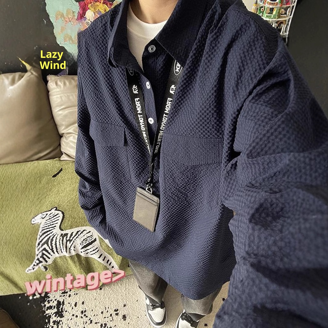 Koszulka polo z długim rękawem w kolorze granatowym z gazy bąbelkowej dla mężczyzn, wysokiej jakości, stylowa i wygodna, robocza_voghion.com