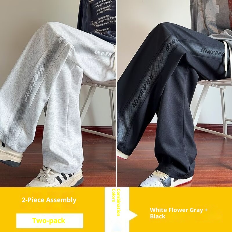 boy American Style Gray Men's Simple Sweatpants 2025 New Cotton Casual Pants Loose Straight-Leg Sports Trousers_voghion.com
