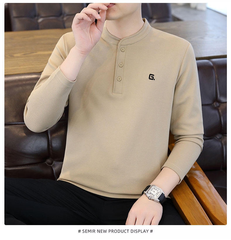 QFV507045555501<2 Data Style Maglietta a maniche lunghe da uomo con colletto cubano, tre bottoni e perline, autunno 2024, nuovo strato di base_voghion.com