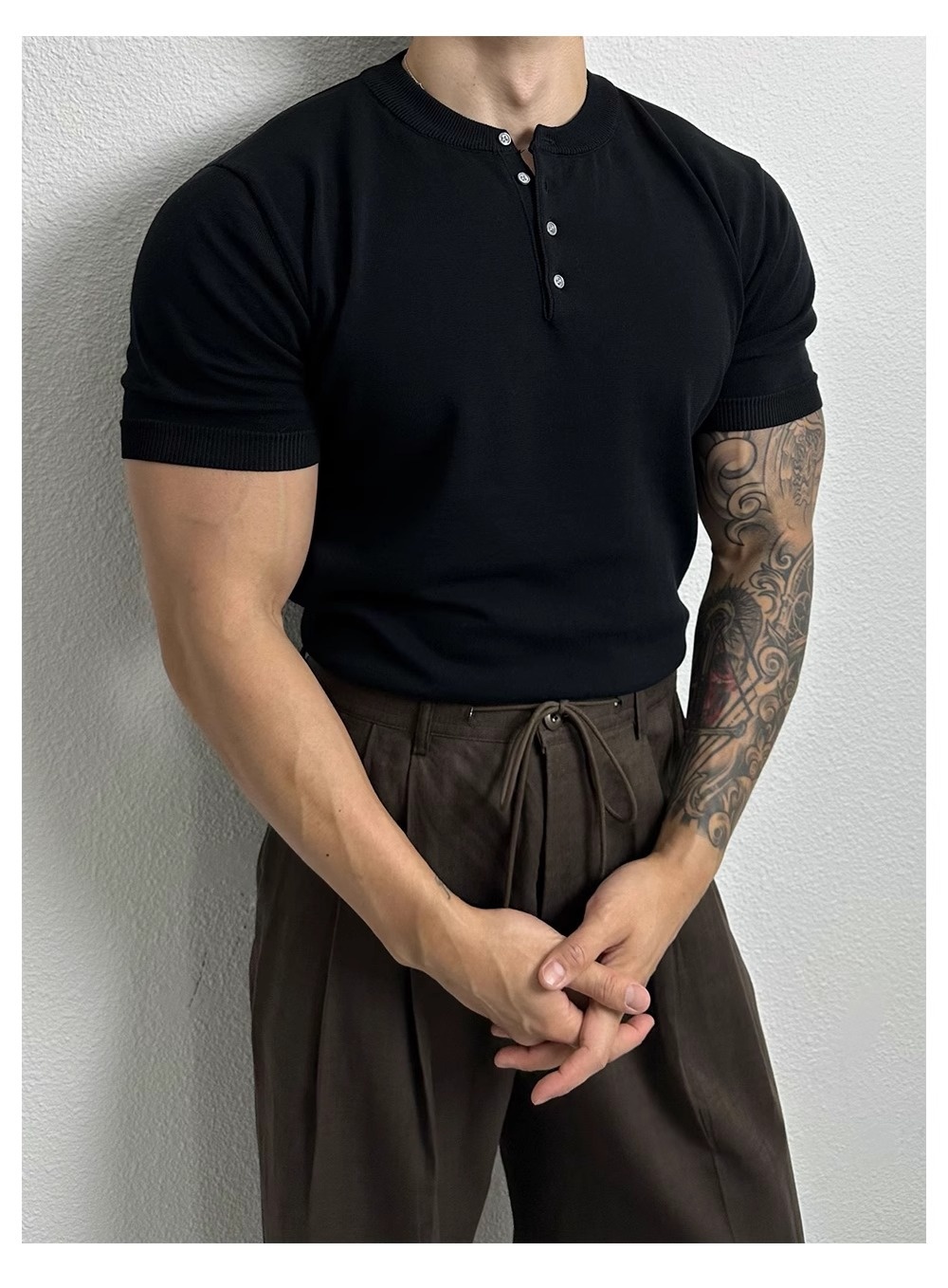 QFV507045555501<2 Henry Collar Short Sleeve Knitted Shirt For Men Summer Ice Silk Breathable Slim Fit Muscle-Showing Business European And_voghion.com