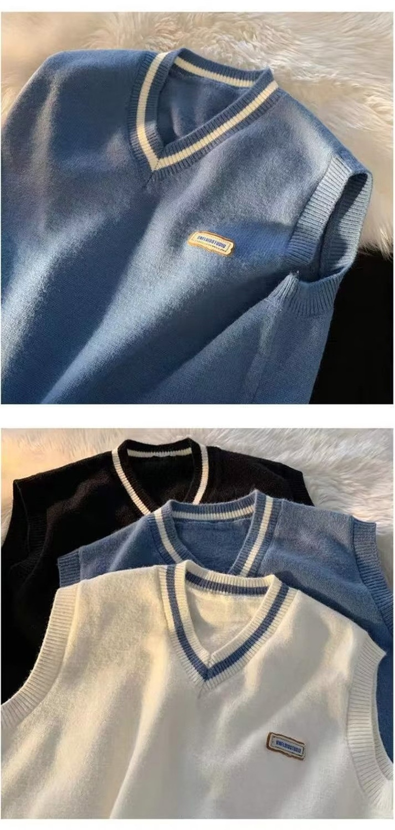 Maglione da uomo in stile college con scollo a V e blocchi di colore, vestibilità ampia, lavorato a maglia, alla moda, senza maniche, per coppia, autunno e inverno_voghion.com