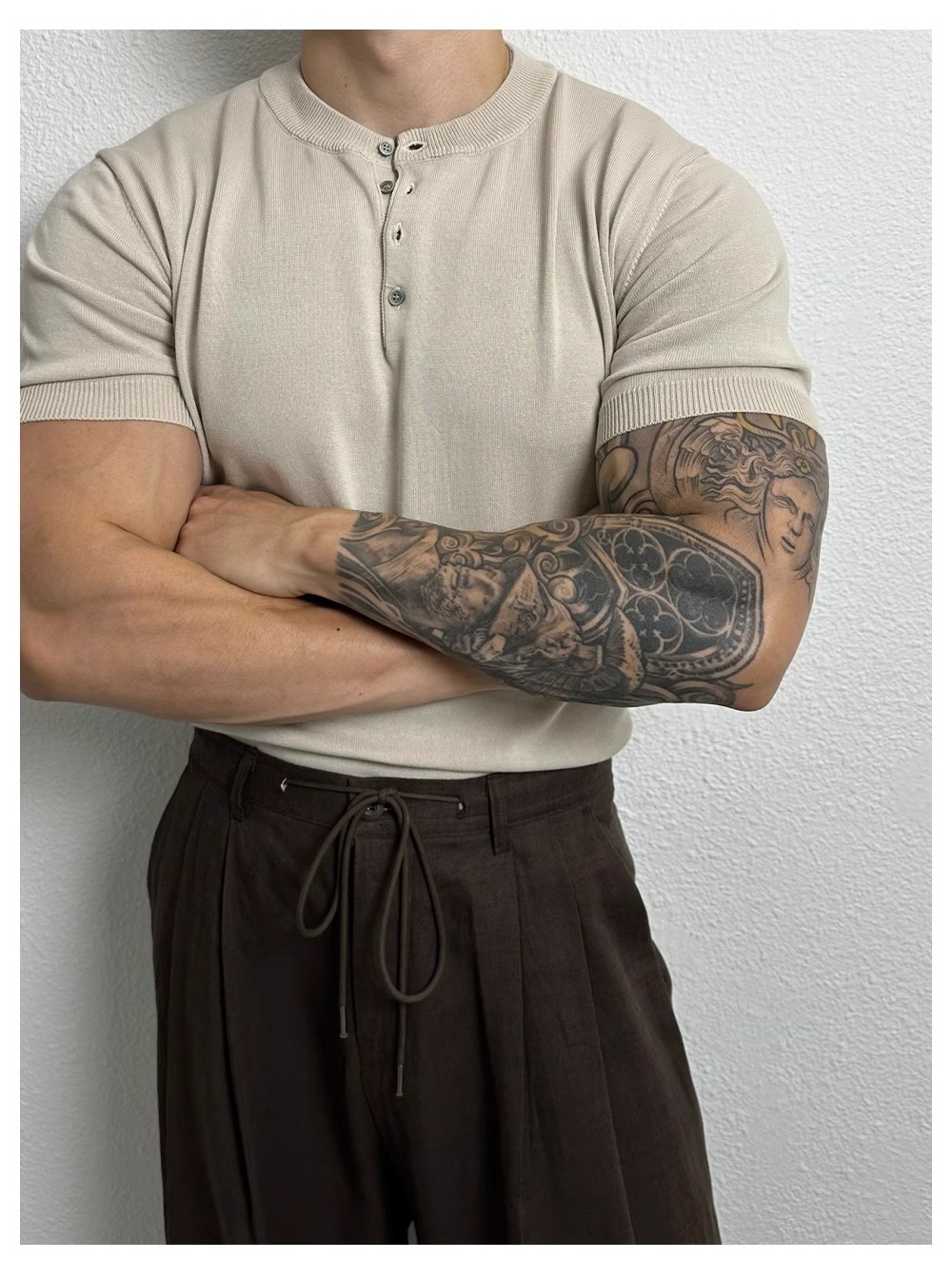 QFV507045555501<2 Henry Collar Short Sleeve Knitted Shirt For Men Summer Ice Silk Breathable Slim Fit Muscle-Showing Business European And_voghion.com