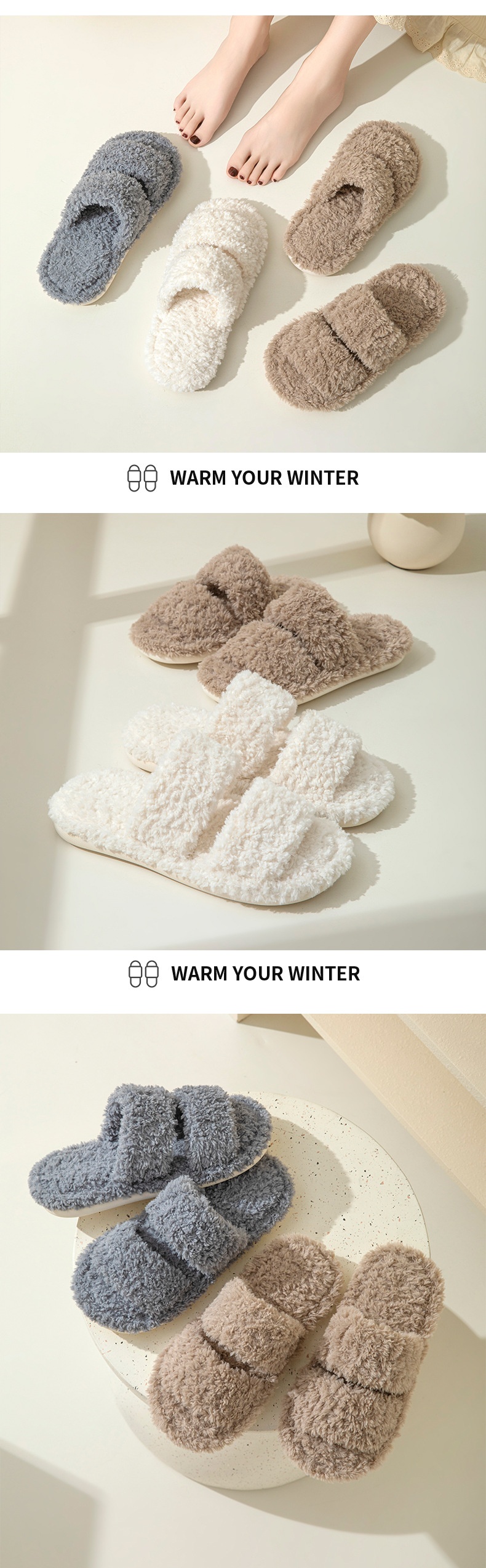 Pantoufles d'intérieur Zees Cross-Border INS à double barre en coton peluche pour femmes, bout ouvert, vente en gros_voghion.com