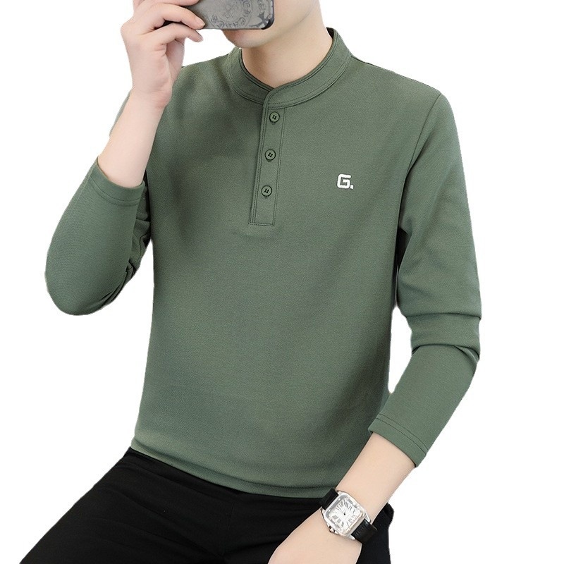 QFV507045555501<2 Data Style Maglietta a maniche lunghe da uomo con colletto cubano, tre bottoni e perline, autunno 2024, nuovo strato di base_voghion.com