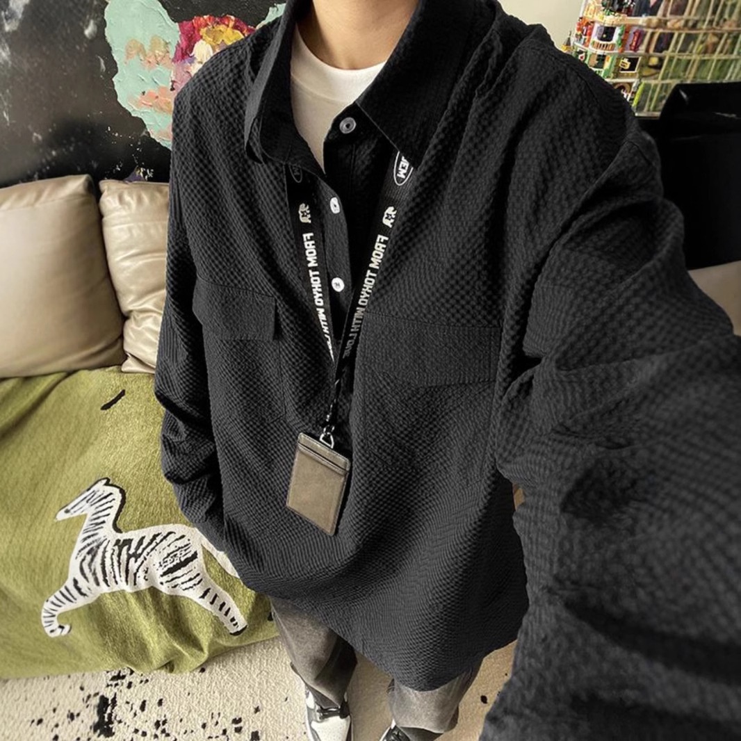 Koszulka polo z długim rękawem w kolorze granatowym z gazy bąbelkowej dla mężczyzn, wysokiej jakości, stylowa i wygodna, robocza_voghion.com