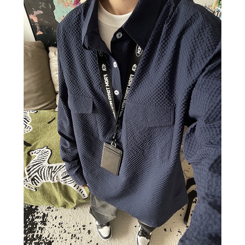 Koszulka polo z długim rękawem w kolorze granatowym z gazy bąbelkowej dla mężczyzn, wysokiej jakości, stylowa i wygodna, robocza_voghion.com