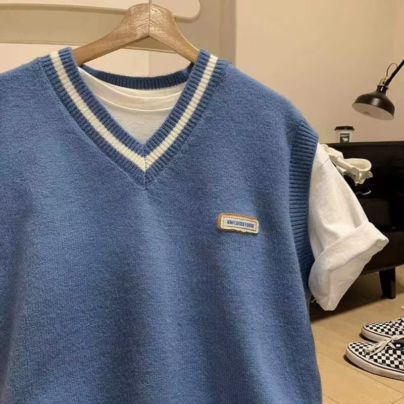 Maglione da uomo in stile college con scollo a V e blocchi di colore, vestibilità ampia, lavorato a maglia, alla moda, senza maniche, per coppia, autunno e inverno_voghion.com