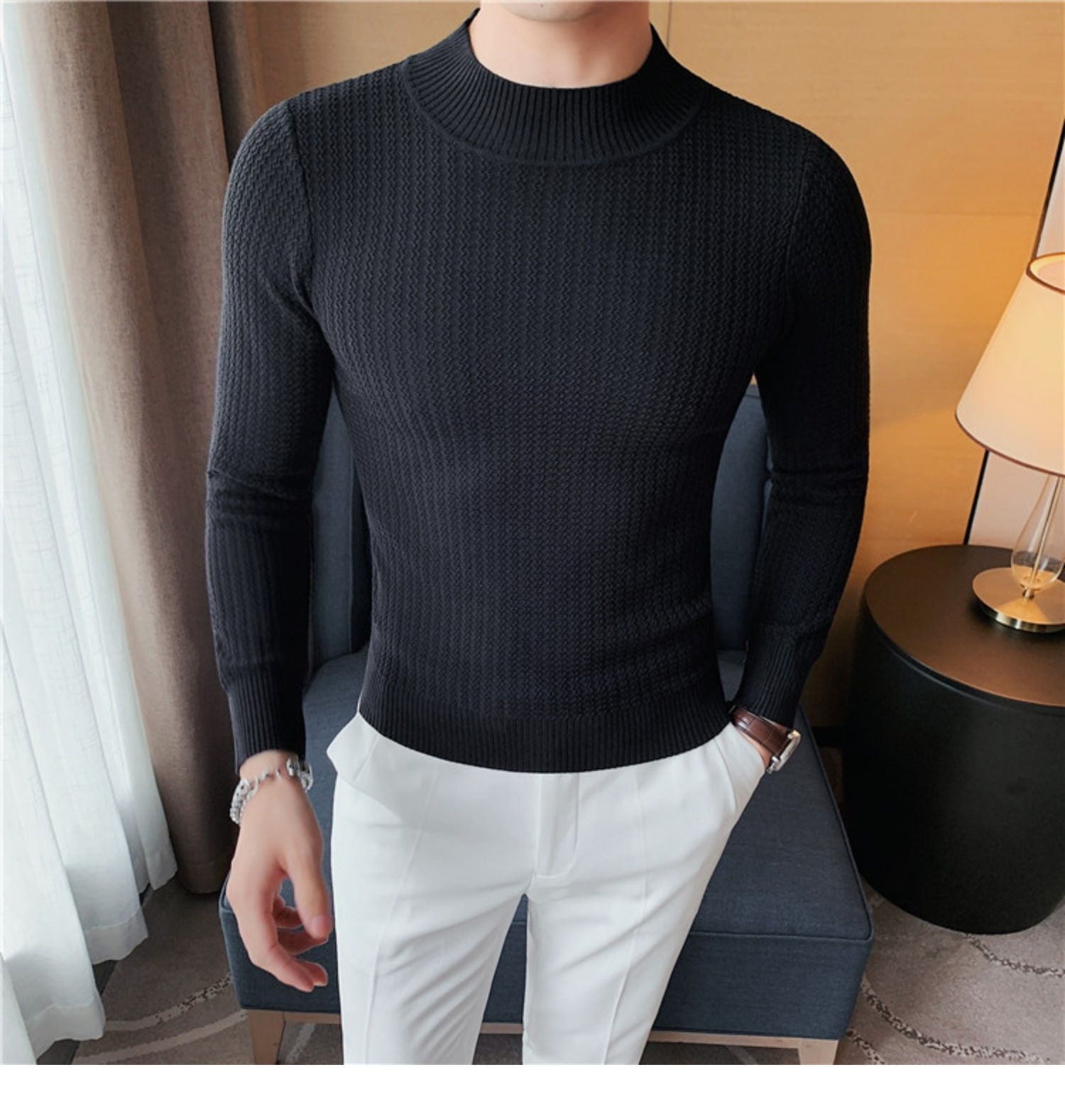 boy Boy Boy Half Turtleneck Sweater Autumn Winter 2023 New Hot High-end Mid-neck Knitted Base Shirt Men's Style_voghion.com