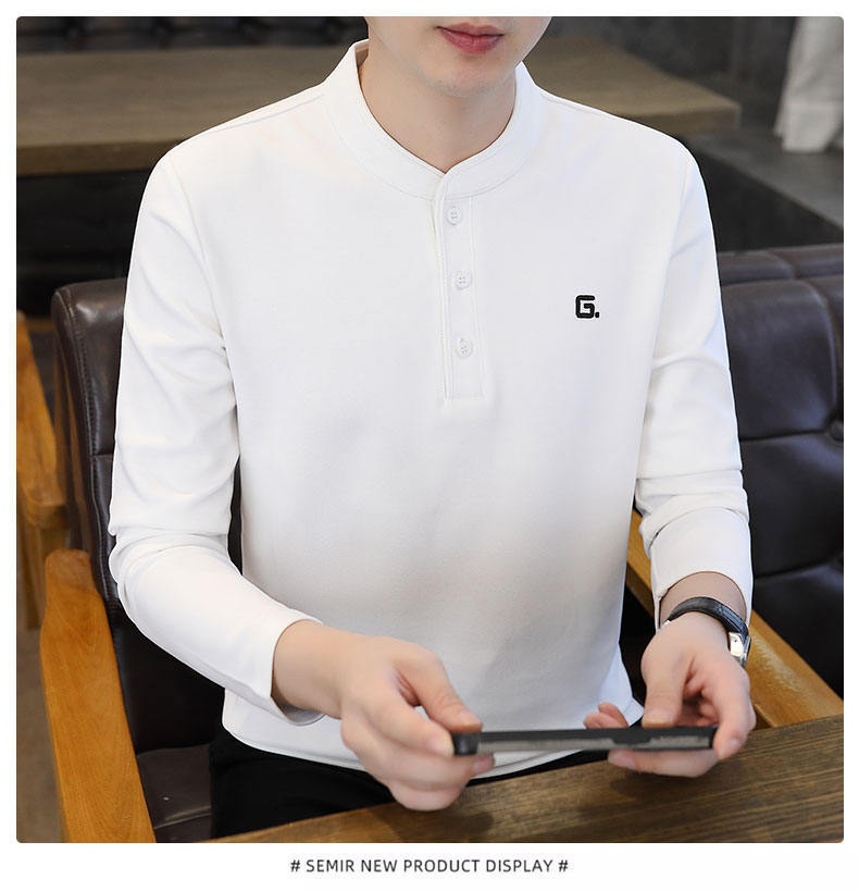 QFV507045555501<2 Data Style Maglietta a maniche lunghe da uomo con colletto cubano, tre bottoni e perline, autunno 2024, nuovo strato di base_voghion.com