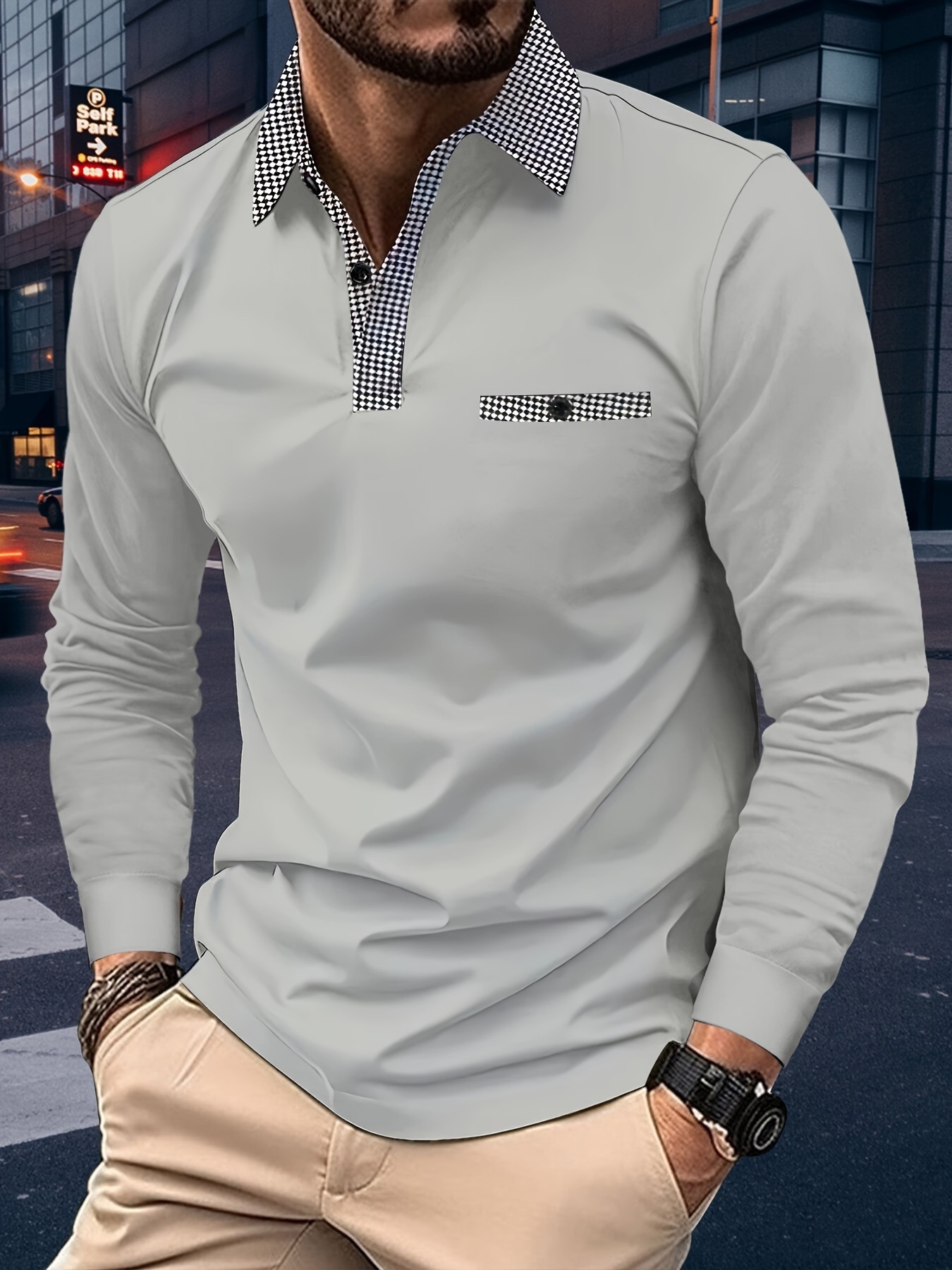 boy Boy Houndstooth Casual Golf Polo Shirt European And American Men's Summer Thin Solid Color Long Sleeve_voghion.com