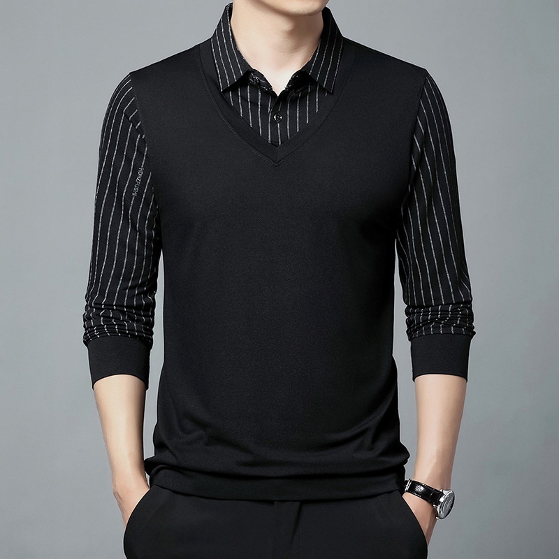 Ensemble deux pièces garçon, chemise courte, t-shirt à col, manches longues, pull tricoté printemps automne, sous-vêtement ample style papa_voghion.com