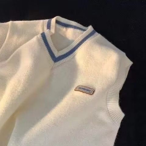 Maglione da uomo in stile college con scollo a V e blocchi di colore, vestibilità ampia, lavorato a maglia, alla moda, senza maniche, per coppia, autunno e inverno_voghion.com