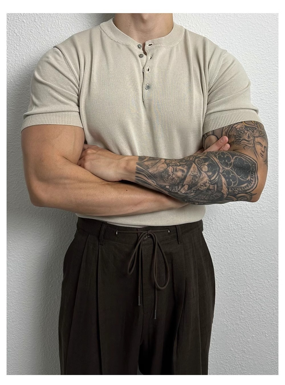 QFV507045555501<2 Henry Collar Short Sleeve Knitted Shirt For Men Summer Ice Silk Breathable Slim Fit Muscle-Showing Business European And_voghion.com