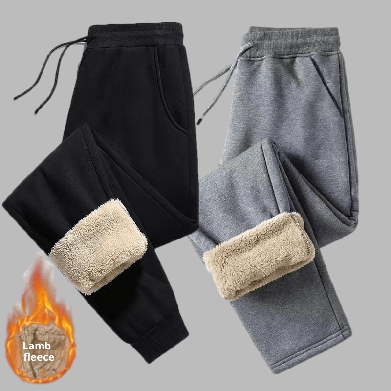 Pantaloni sportivi da uomo in cotone spesso foderati in pile casual autunno inverno in lana di agnello taglia forte_voghion.com