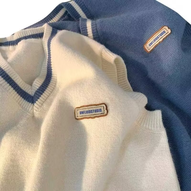 Maglione da uomo in stile college con scollo a V e blocchi di colore, vestibilità ampia, lavorato a maglia, alla moda, senza maniche, per coppia, autunno e inverno_voghion.com