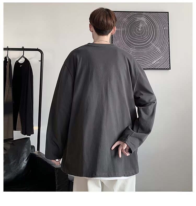 QFV507045555501<2 Maglietta a maniche lunghe da uomo European Street, maglietta interna retrò americana, base larga pesante primaverile e autunnale_voghion.com