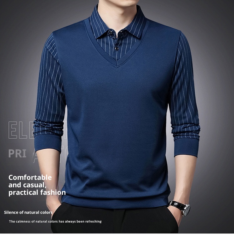 Ensemble deux pièces garçon, chemise courte, t-shirt à col, manches longues, pull tricoté printemps automne, sous-vêtement ample style papa_voghion.com