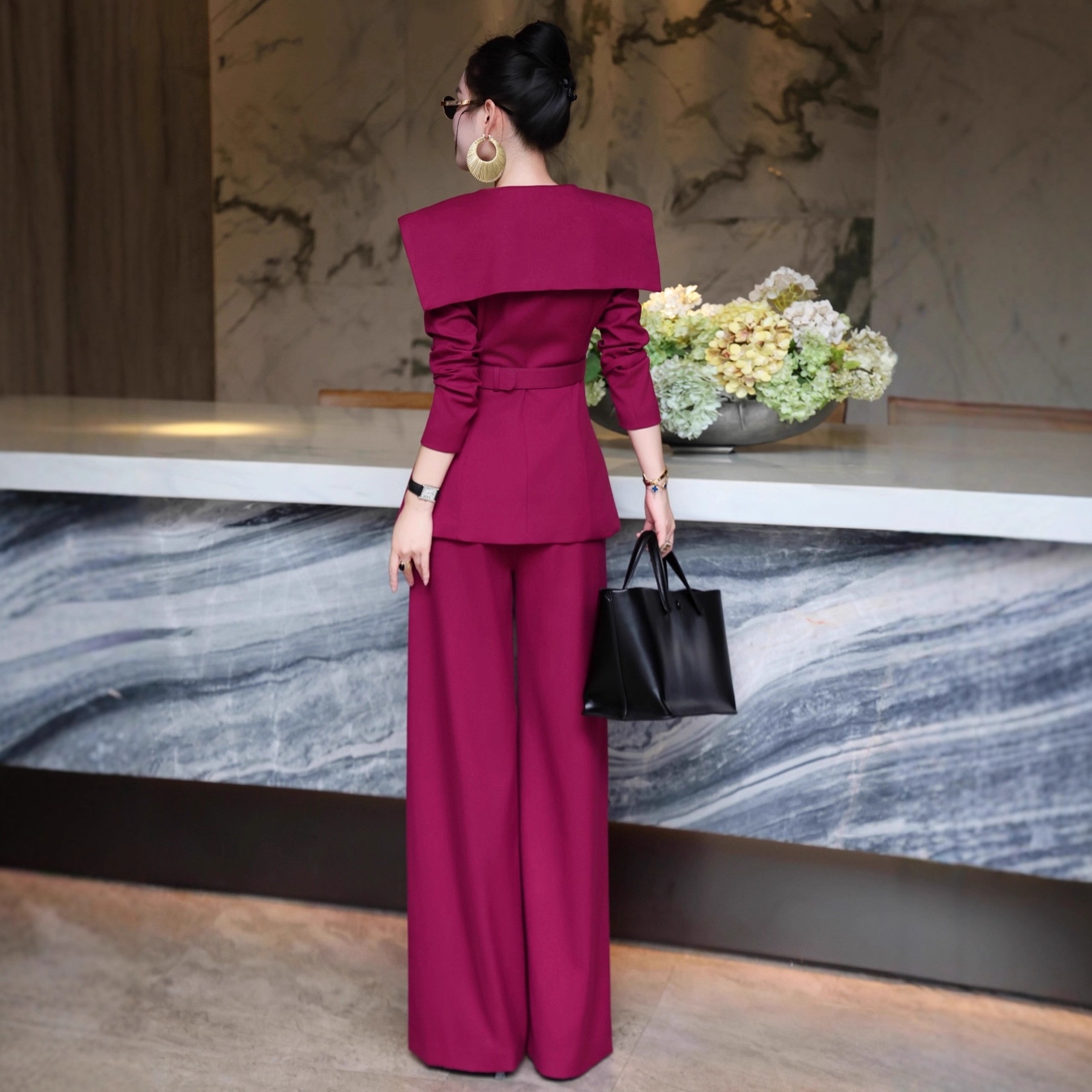 ragazza Ragazza 2025 Elegante abito professionale elegante da donna mondana matura Design Sse Niche Scialle Cravatta Blazer Pantaloni a gamba larga Set due pezzi per_voghion.com