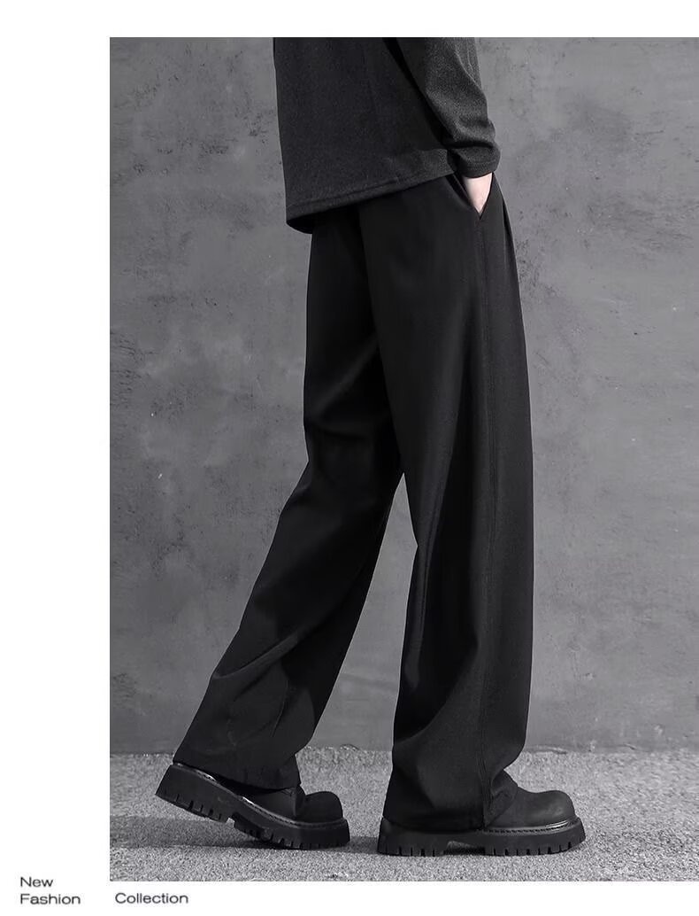 jongen Zwarte rechte losse jurk voor heren met gedrapeerd effect Zomer ijs zijde casual Amerikaanse stijl hoge taille pak broek_voghion.com