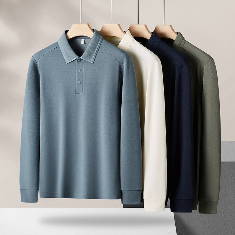 Polohemd für Herren aus Maulbeerseide und Wolle, langärmlig, schlicht, einfarbig, mit Umlegekragen_voghion.com