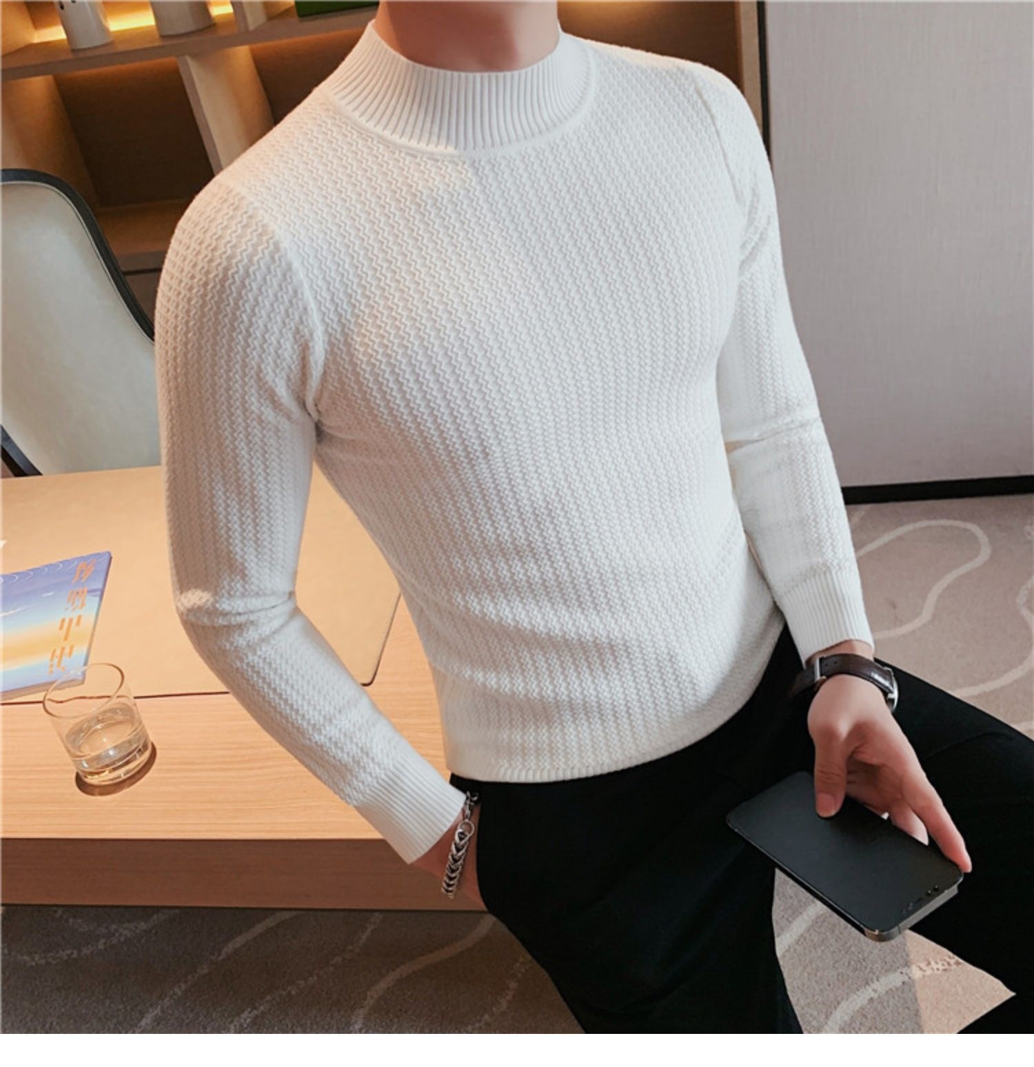 boy Boy Boy Half Turtleneck Sweater Autumn Winter 2023 New Hot High-end Mid-neck Knitted Base Shirt Men's Style_voghion.com