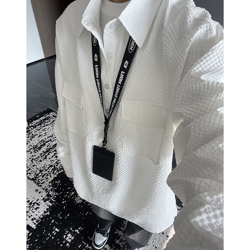 Koszulka polo z długim rękawem w kolorze granatowym z gazy bąbelkowej dla mężczyzn, wysokiej jakości, stylowa i wygodna, robocza_voghion.com