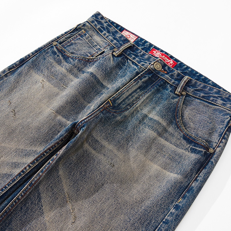 Jean homme rouge à oreilles, coupe ample, droit, extensible, décontracté, délavé, automne-hiver._voghion.com