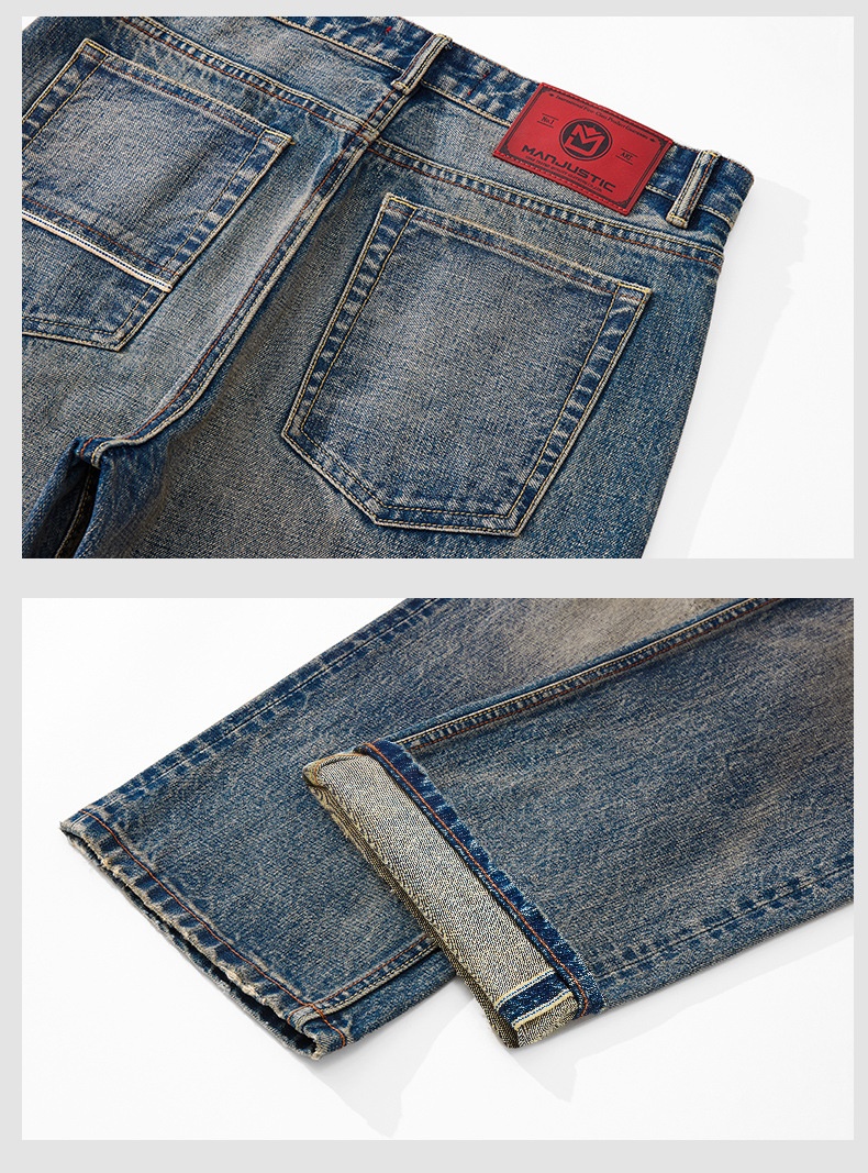 Jean homme rouge à oreilles, coupe ample, droit, extensible, décontracté, délavé, automne-hiver._voghion.com