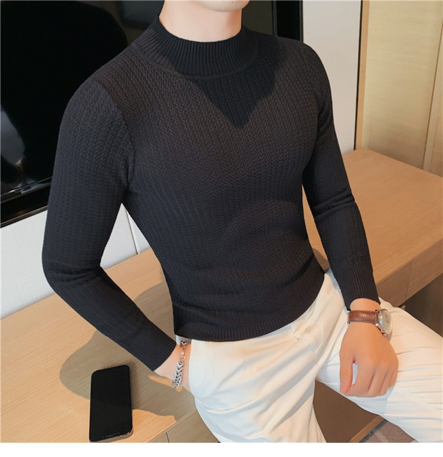 boy Boy Boy Half Turtleneck Sweater Autumn Winter 2023 New Hot High-end Mid-neck Knitted Base Shirt Men's Style_voghion.com