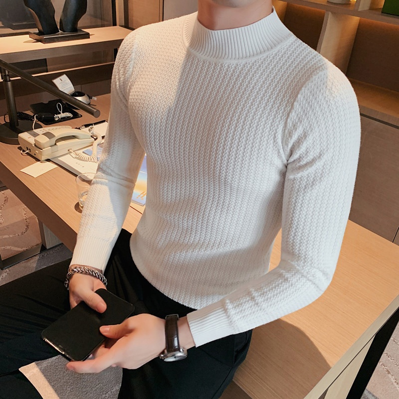 boy Boy Boy Half Turtleneck Sweater Autumn Winter 2023 New Hot High-end Mid-neck Knitted Base Shirt Men's Style_voghion.com