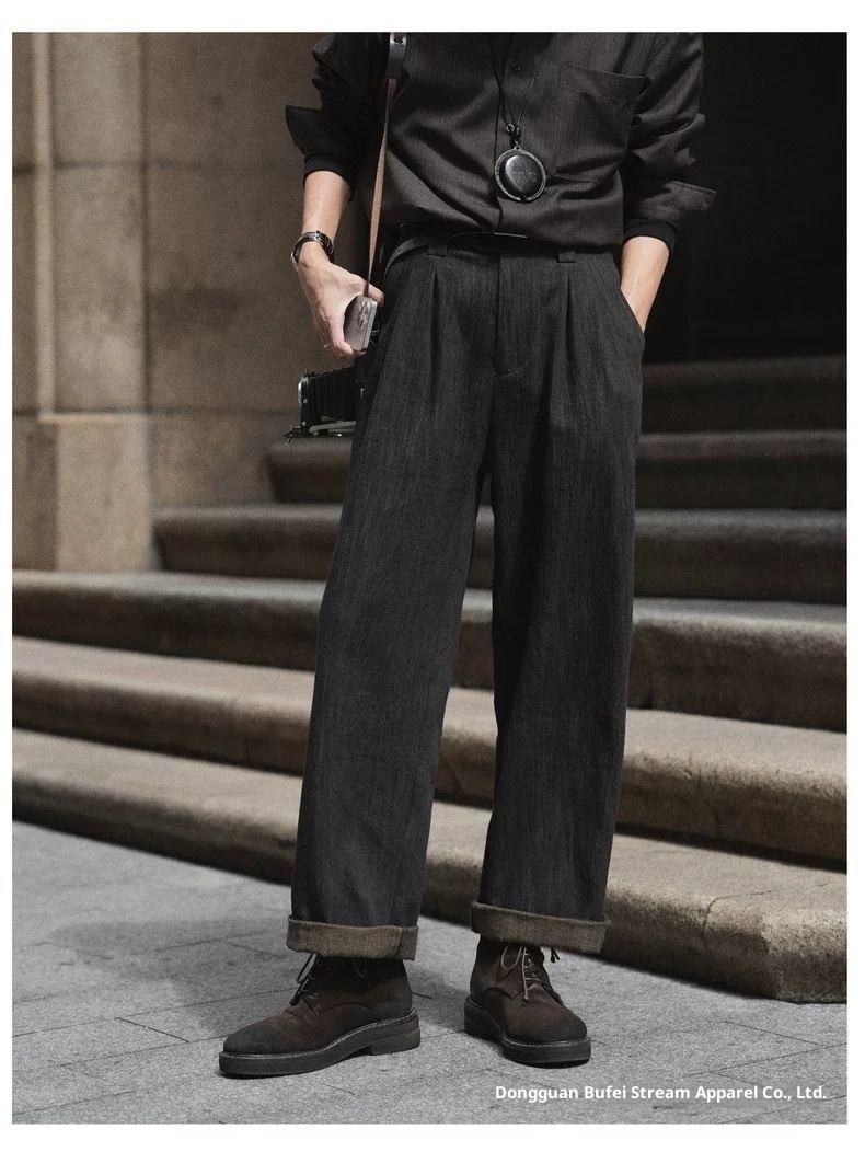boy Boy Autumn Winter Vintage Jeans Straight Long Black Tea Color Simple Commuting Business Casual Pants Men's In Stock_voghion.com