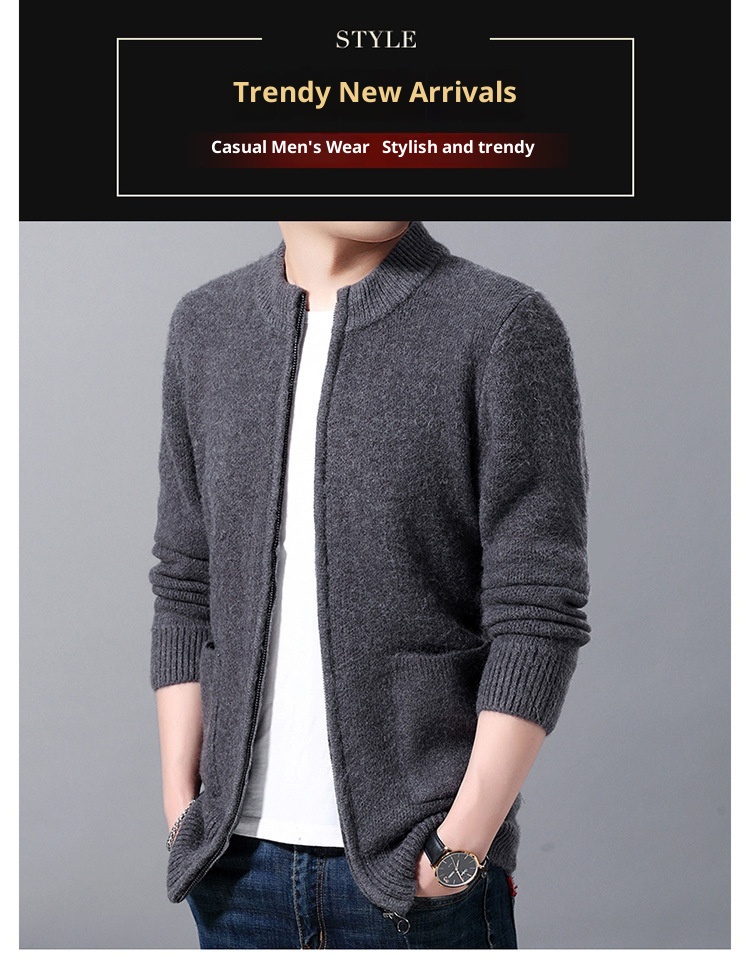 boy Boy Boy Boy Autumn Winter Middle-aged Men's Wool Zipper Cardigan Alpaca Knit Sweater Stand Collar Thickened Coat Wholesale_voghion.com