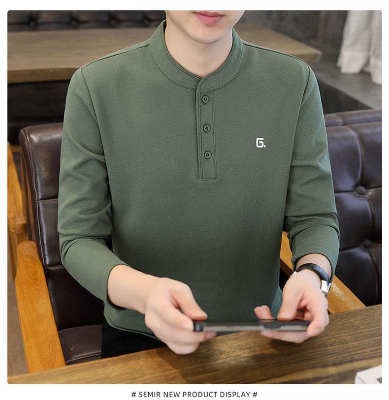 QFV507045555501<2 Data Style Maglietta a maniche lunghe da uomo con colletto cubano, tre bottoni e perline, autunno 2024, nuovo strato di base_voghion.com