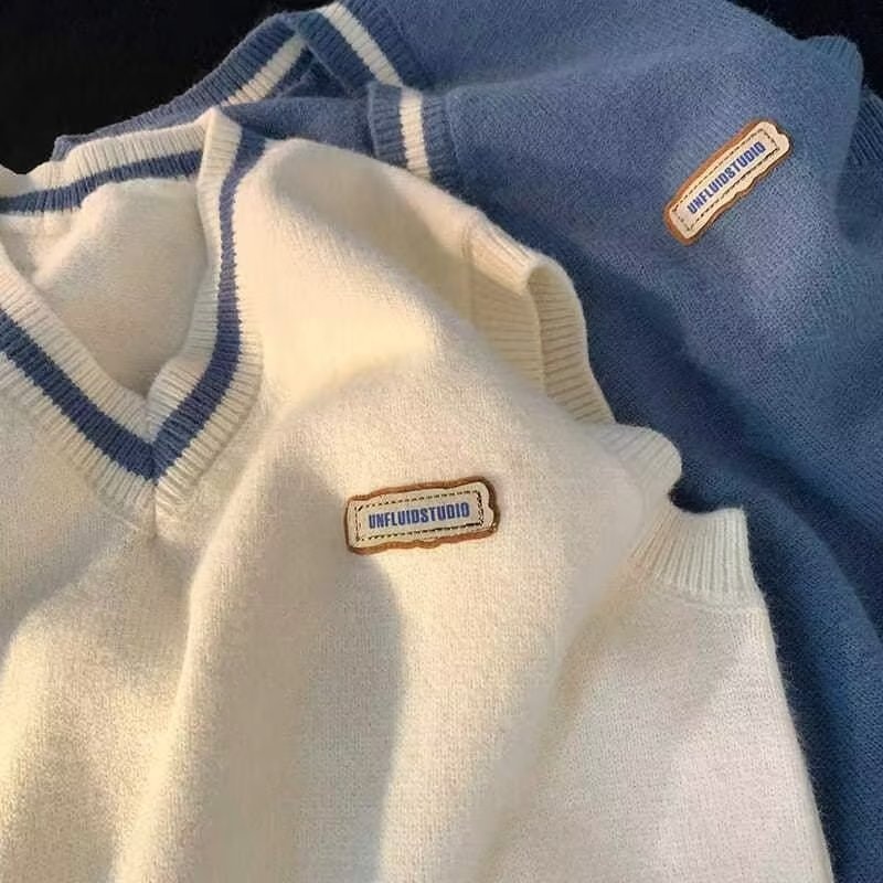 Maglione da uomo in stile college con scollo a V e blocchi di colore, vestibilità ampia, lavorato a maglia, alla moda, senza maniche, per coppia, autunno e inverno_voghion.com