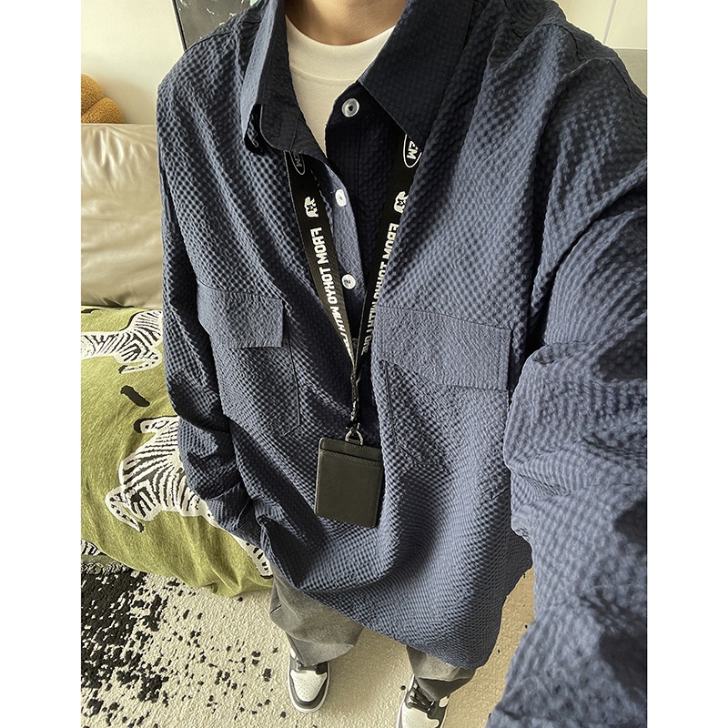 Koszulka polo z długim rękawem w kolorze granatowym z gazy bąbelkowej dla mężczyzn, wysokiej jakości, stylowa i wygodna, robocza_voghion.com