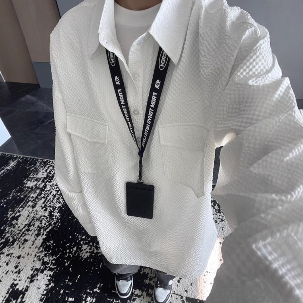 Koszulka polo z długim rękawem w kolorze granatowym z gazy bąbelkowej dla mężczyzn, wysokiej jakości, stylowa i wygodna, robocza_voghion.com