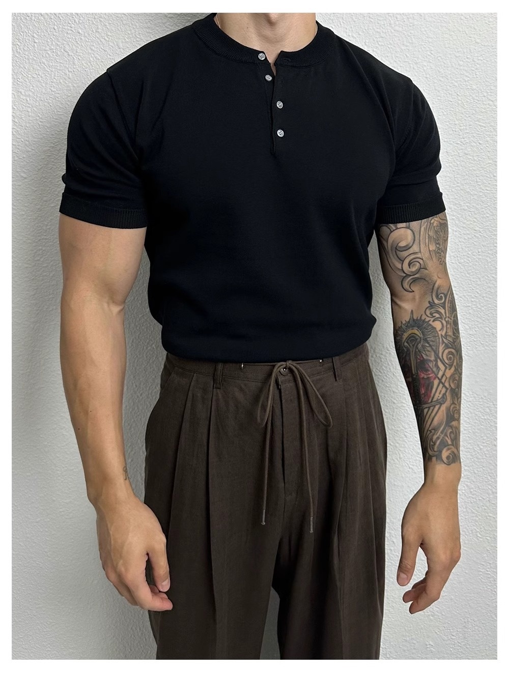 QFV507045555501<2 Henry Collar Short Sleeve Knitted Shirt For Men Summer Ice Silk Breathable Slim Fit Muscle-Showing Business European And_voghion.com