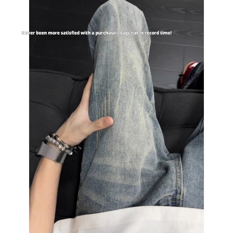 boy Boy American Retro Cat Scratch Jeans For Men, Summer Thin Cleanfit Slim Pants, High Street Flared Straight Long Pants_voghion.com