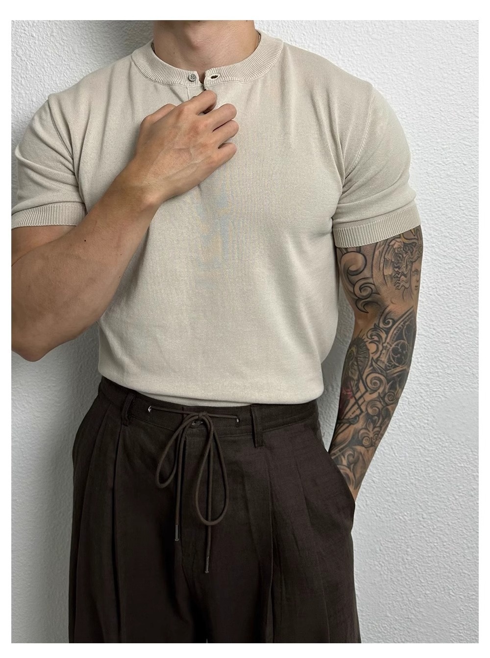 QFV507045555501<2 Henry Collar Short Sleeve Knitted Shirt For Men Summer Ice Silk Breathable Slim Fit Muscle-Showing Business European And_voghion.com