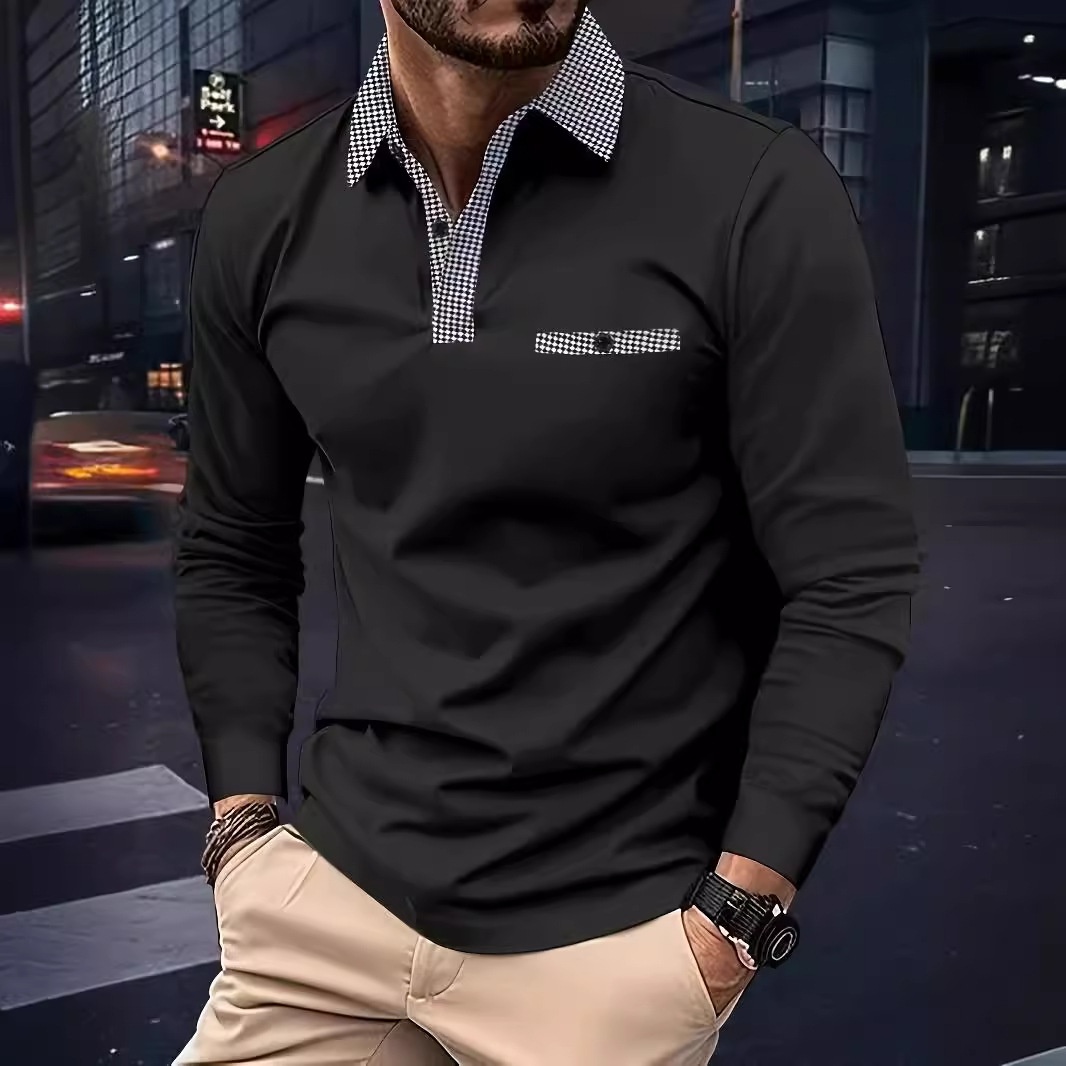 boy Boy Houndstooth Casual Golf Polo Shirt European And American Men's Summer Thin Solid Color Long Sleeve_voghion.com