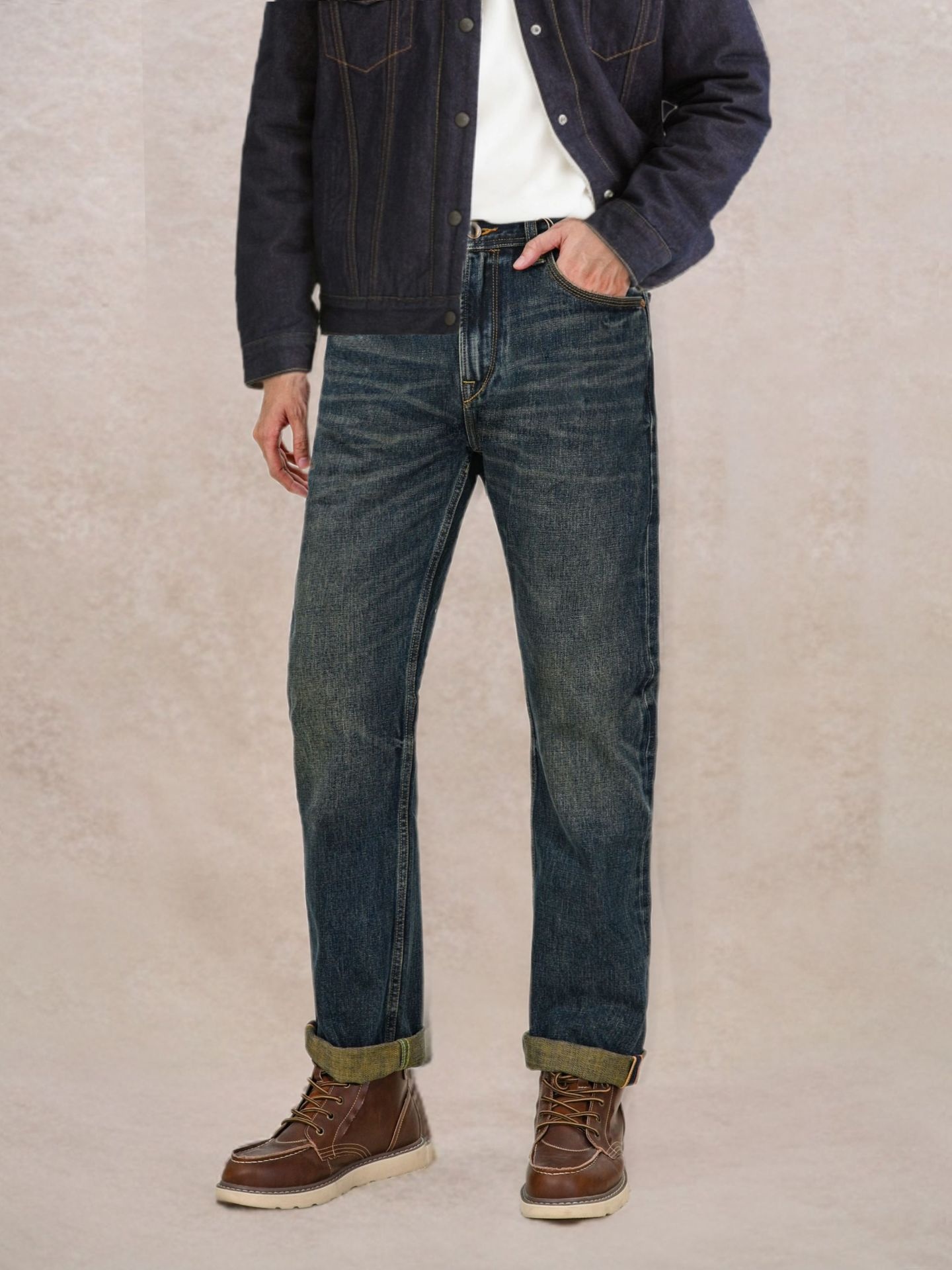 Jean homme Boy Red Ear Denim Automne Nouveau Haut de gamme Classique Standard Droite Épais 16OZ_voghion.com