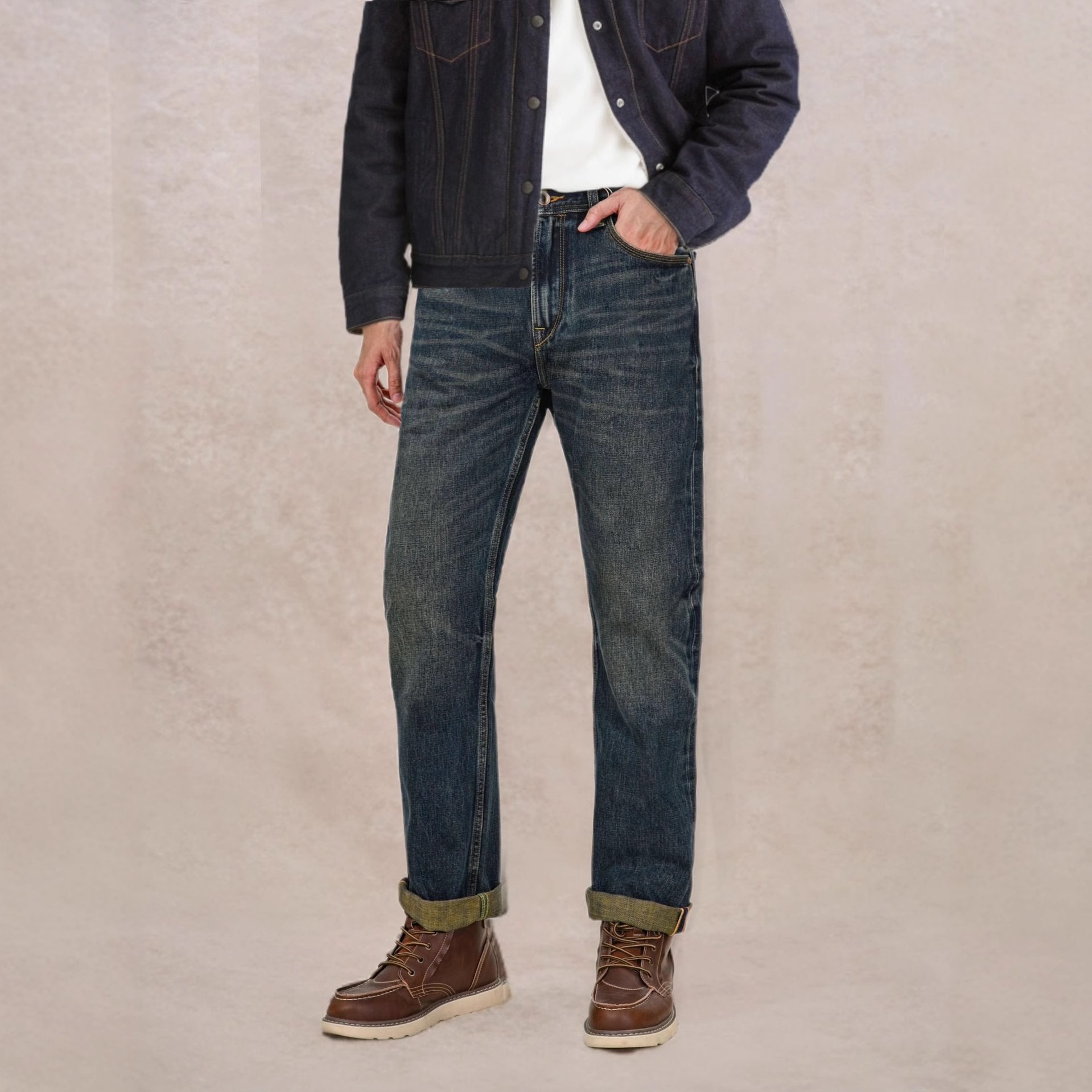 Jean homme Boy Red Ear Denim Automne Nouveau Haut de gamme Classique Standard Droite Épais 16OZ_voghion.com