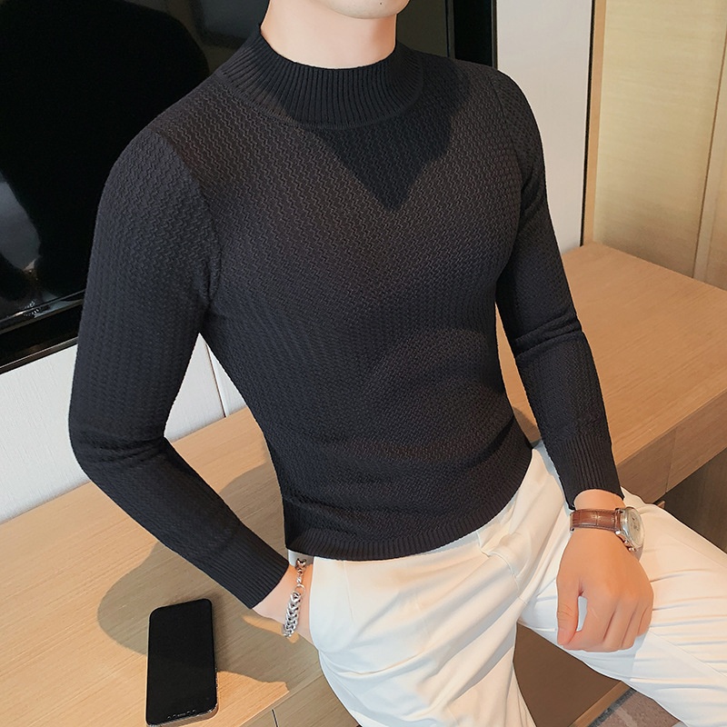 boy Boy Boy Half Turtleneck Sweater Autumn Winter 2023 New Hot High-end Mid-neck Knitted Base Shirt Men's Style_voghion.com
