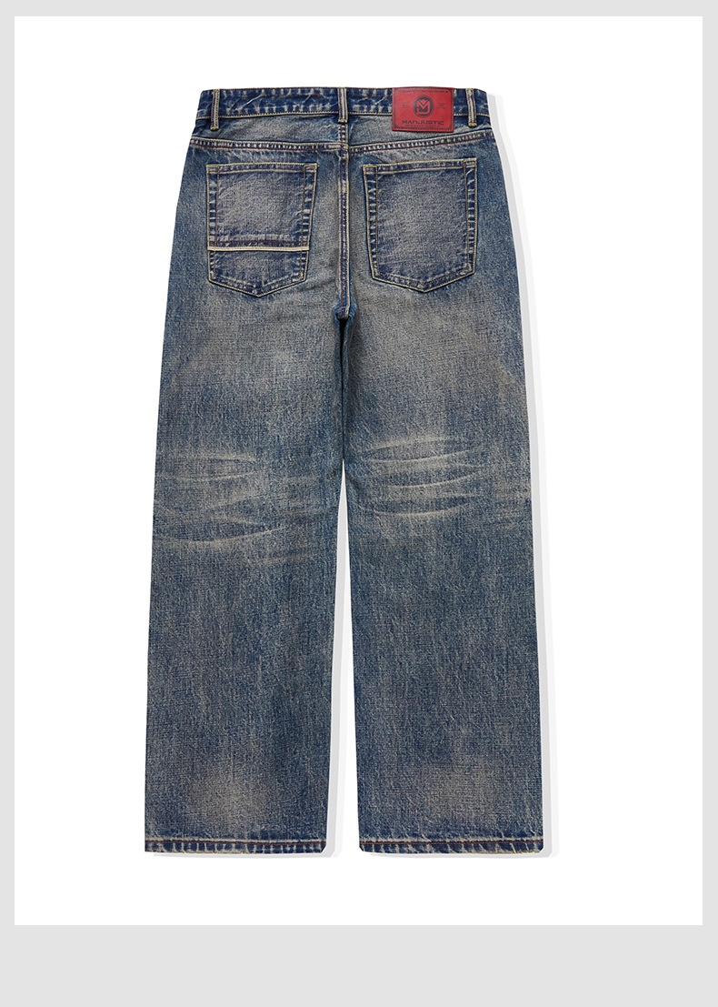 Jean homme rouge à oreilles, coupe ample, droit, extensible, décontracté, délavé, automne-hiver._voghion.com