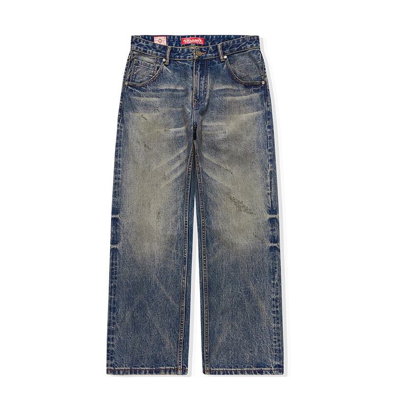 Jean homme rouge à oreilles, coupe ample, droit, extensible, décontracté, délavé, automne-hiver._voghion.com