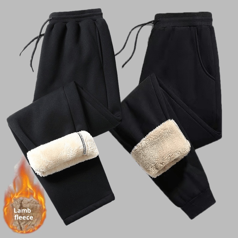 Pantaloni sportivi da uomo in cotone spesso foderati in pile casual autunno inverno in lana di agnello taglia forte_voghion.com