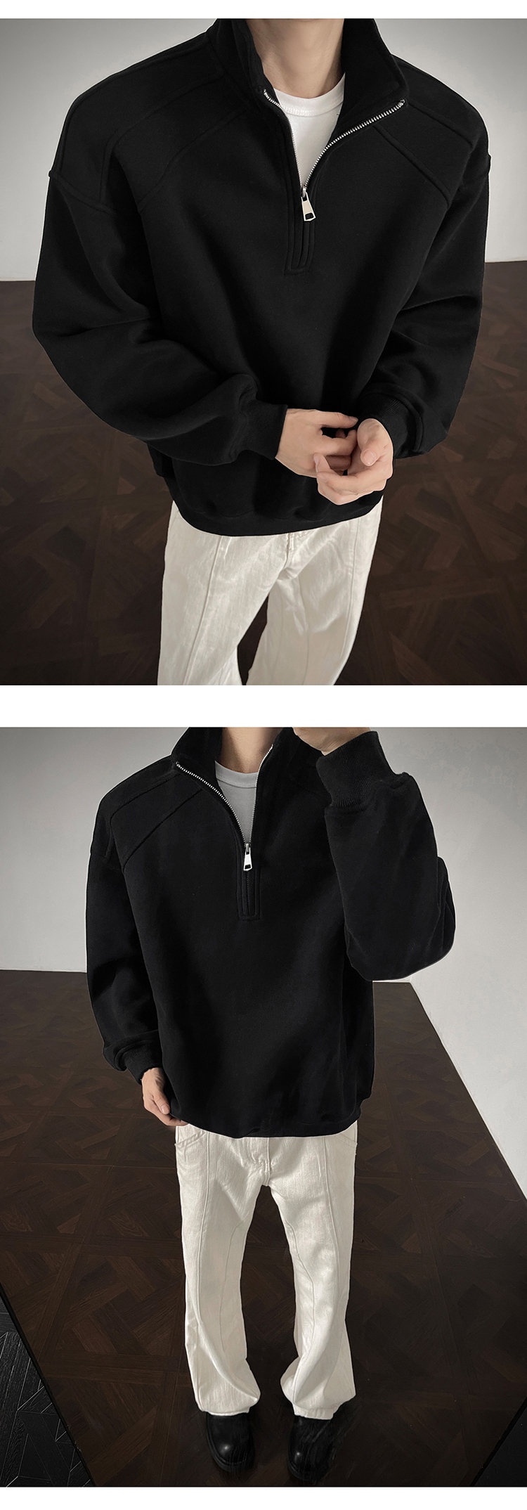 Herren-Sweatshirt im amerikanischen Retro-Stil mit halbem Reißverschluss und Stehkragen, locker geschnitten, Herbst 2025, Modell Heavy Loose Couple Jacket_voghion.com