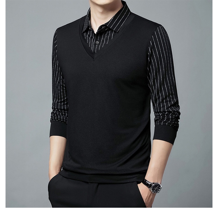 Ensemble deux pièces garçon, chemise courte, t-shirt à col, manches longues, pull tricoté printemps automne, sous-vêtement ample style papa_voghion.com