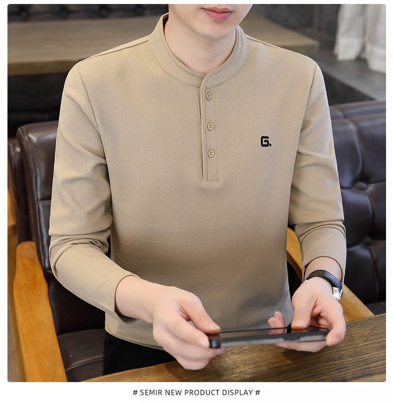 QFV507045555501<2 Data Style Maglietta a maniche lunghe da uomo con colletto cubano, tre bottoni e perline, autunno 2024, nuovo strato di base_voghion.com